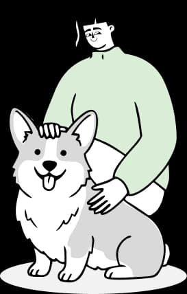 A woman crouched next to a corgi
